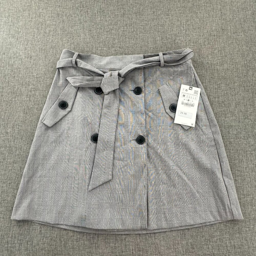 NEW! ZARA Plaid Skirt Buttons Medium Black White Belt Tie